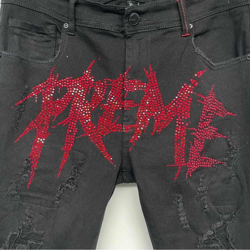 Preme Jeans Men’s Size 36x33 Black Distressed with Red Bedazzled Logo Grunge